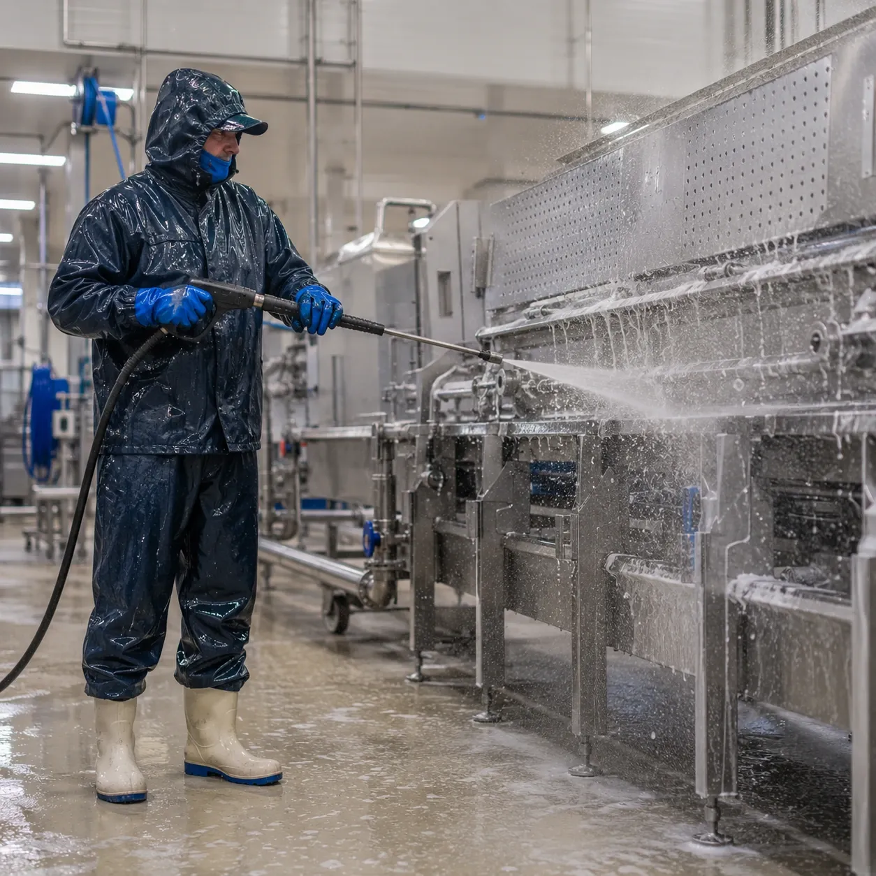 IP69K waterproof industrial sensor being cleaned with high pressure hose in food processing plant